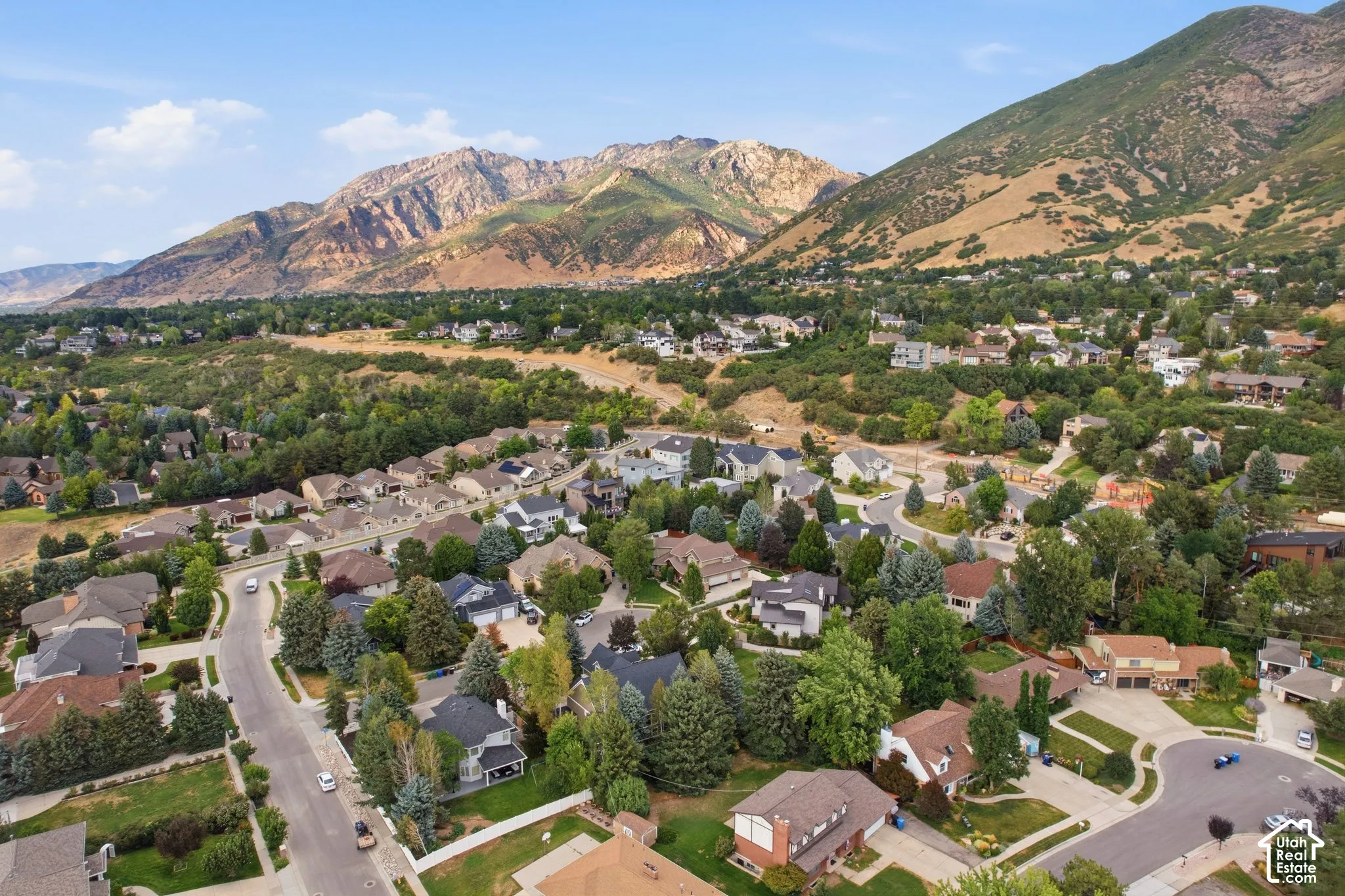 Residential neighborhood with established homes, mature trees, paved streets, and mountainous surroundings