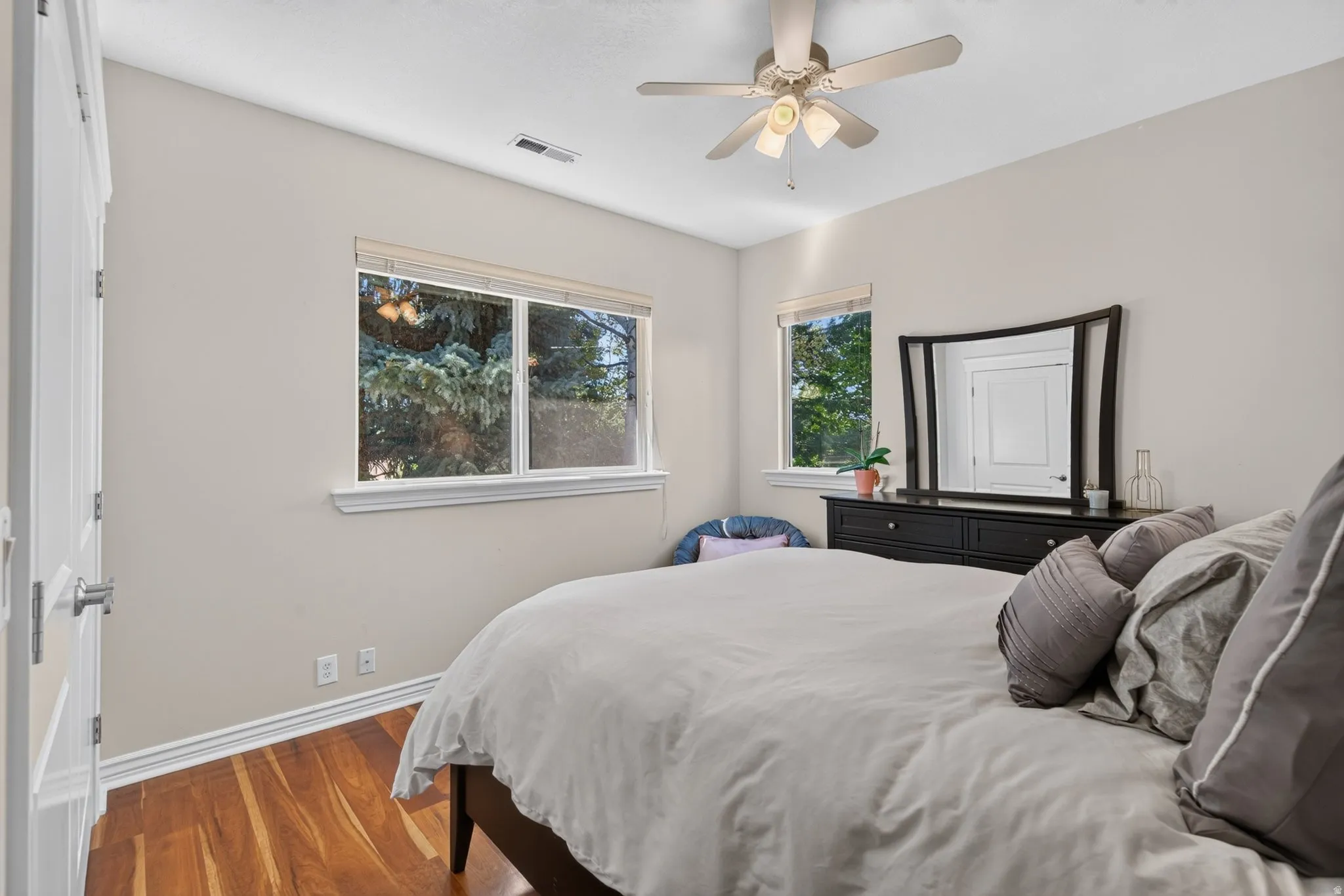 Wood-finish flooring with white trim