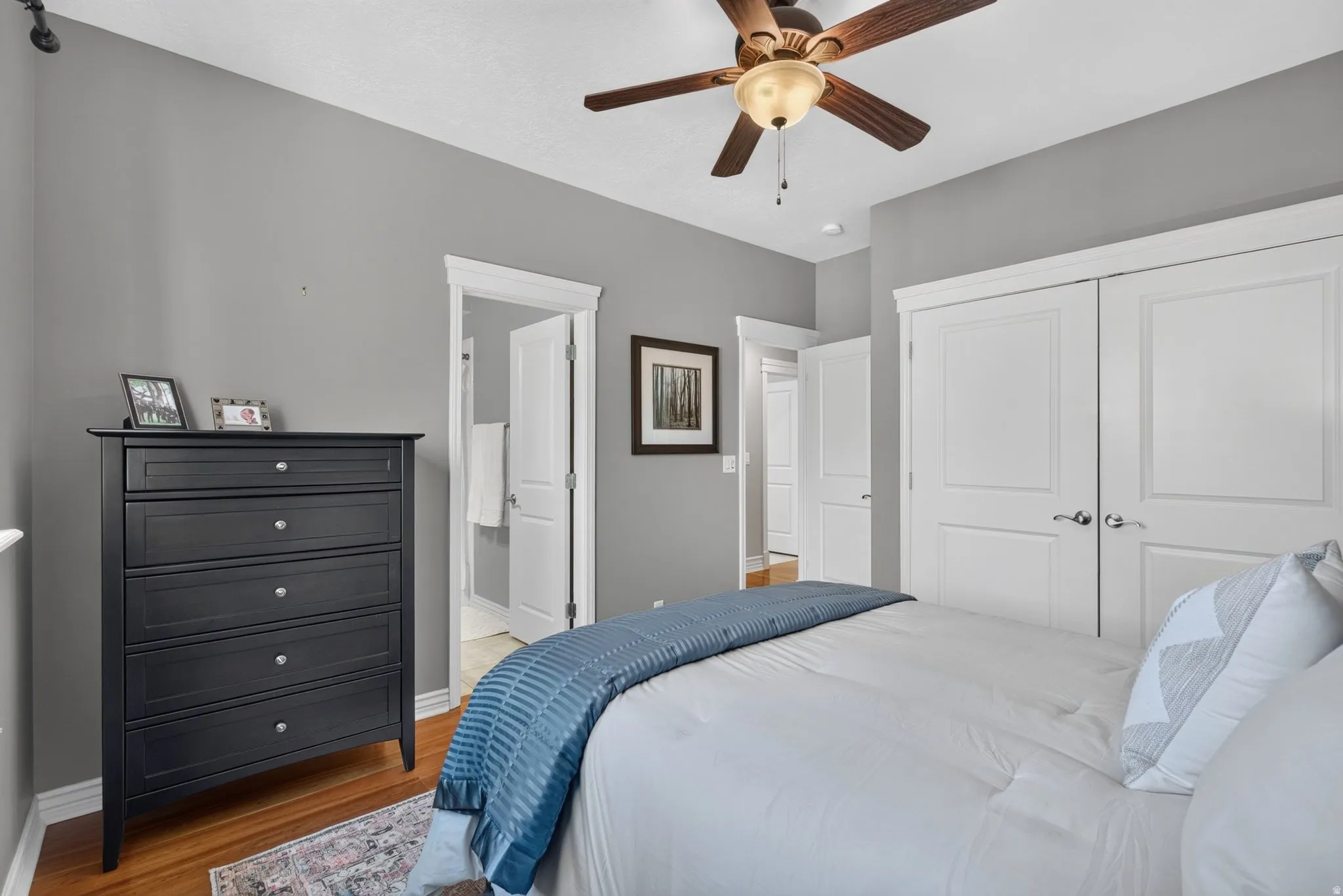 Wood-finish flooring, ceiling fan with integrated lighting, and white paneled doors