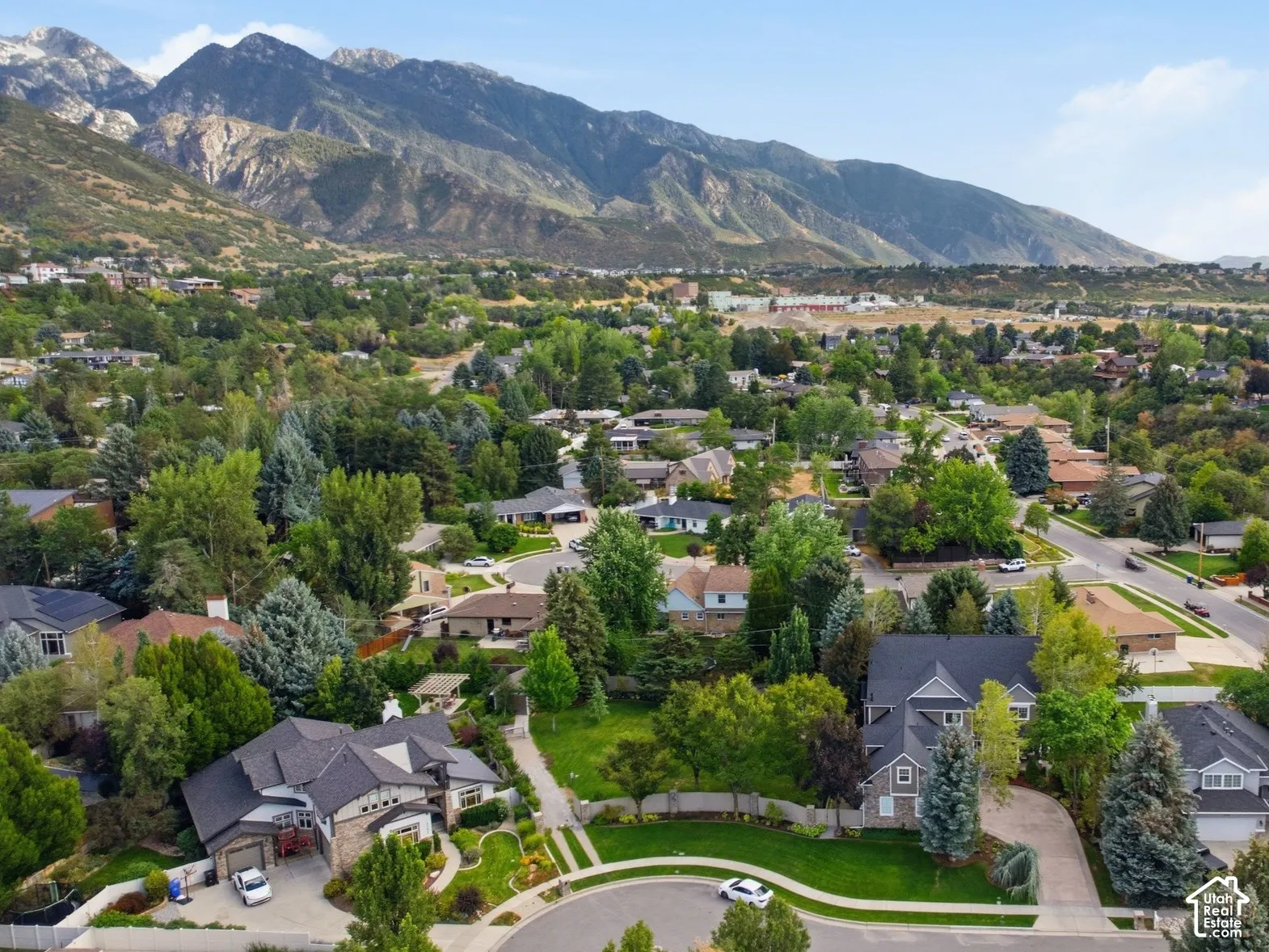 Aerial perspective showcasing a residential area with varied housing styles