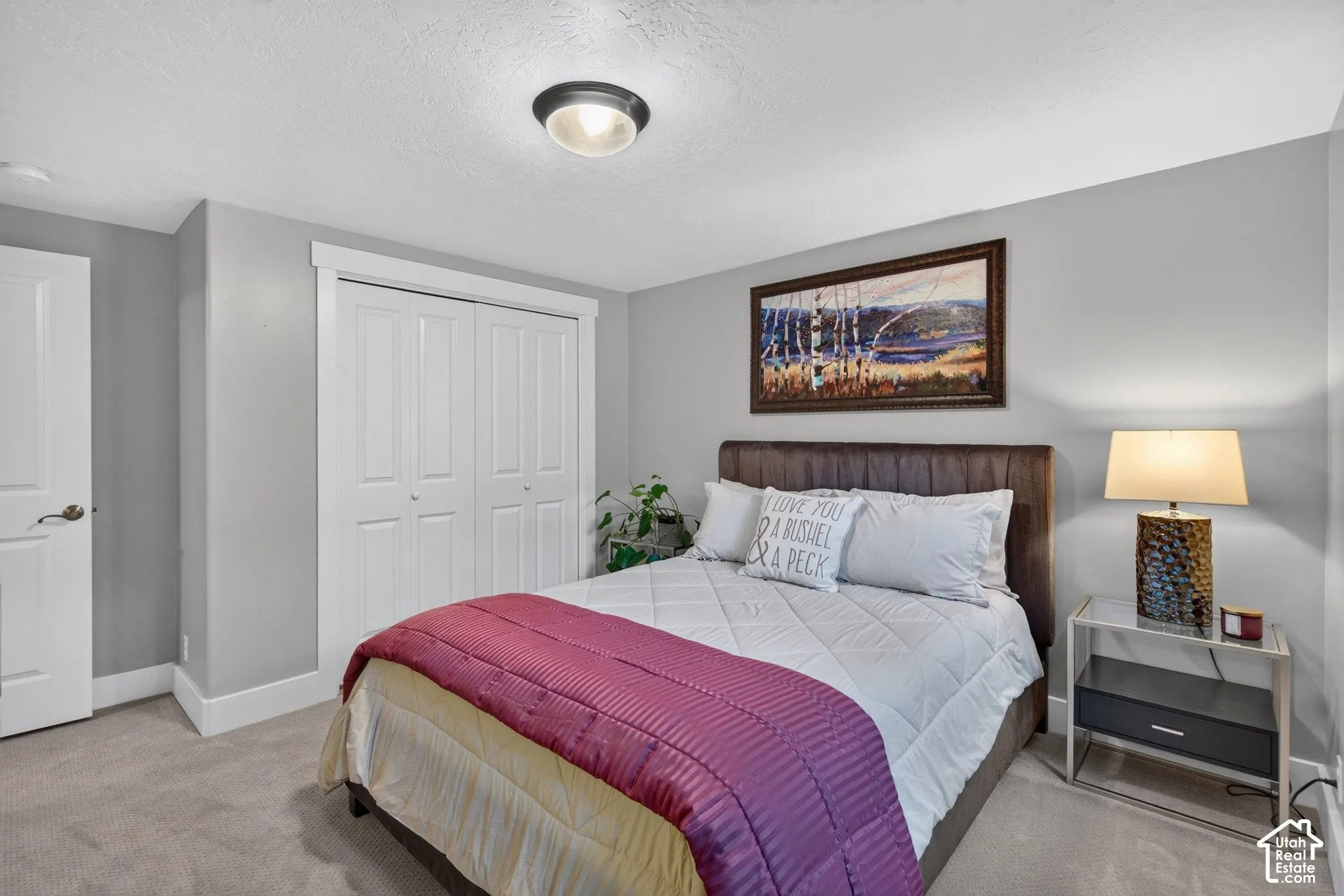 Neutral gray wall paint, recessed ceiling light, white bi-fold closet doors, white trim, and gray carpet flooring