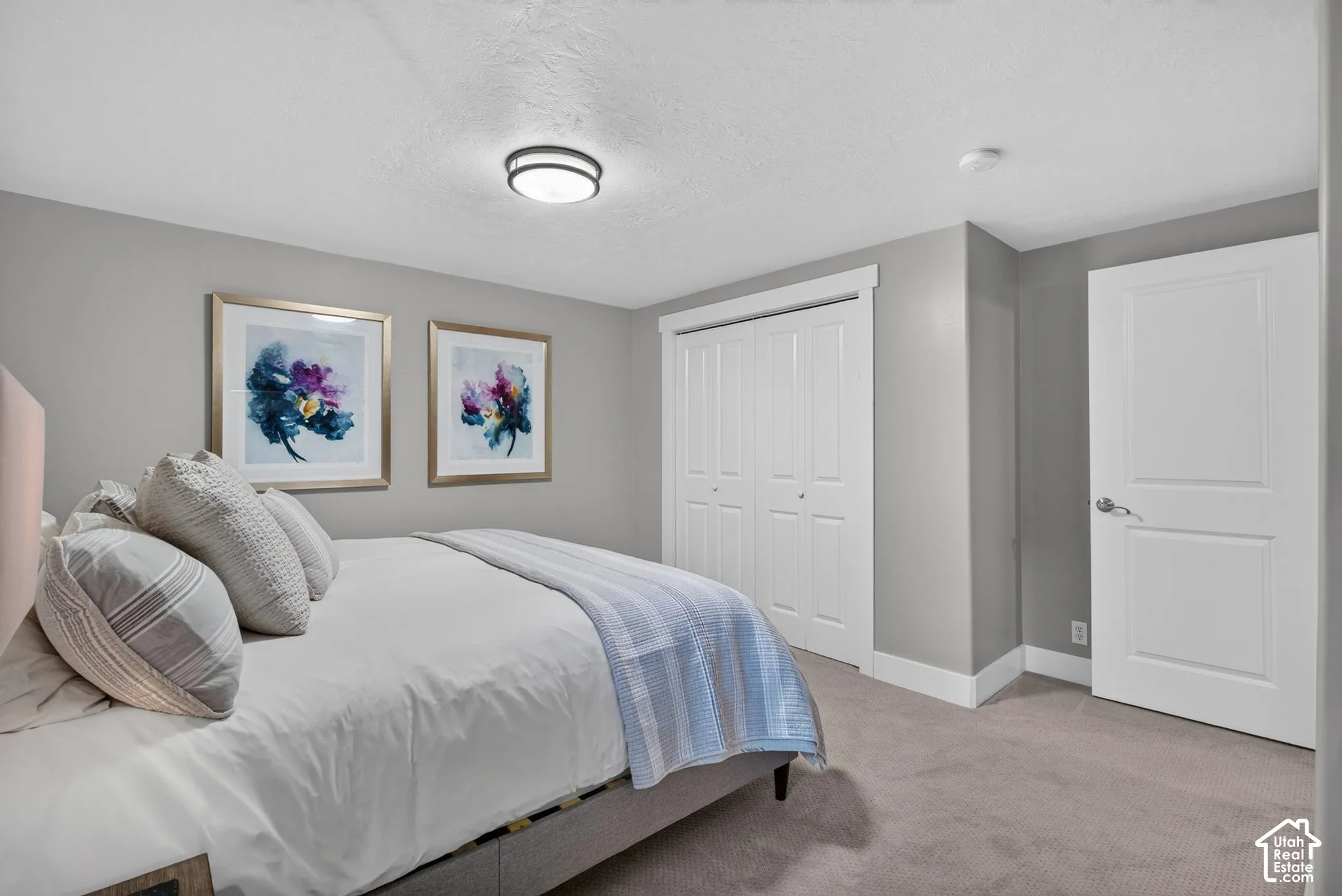 Neutral gray wall paint, recessed ceiling light, white paneled doors, carpeted flooring, and a flush mount ceiling light