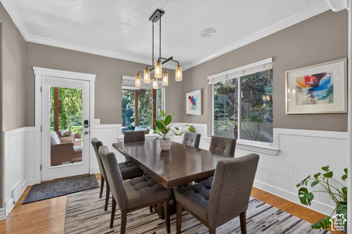 Hardwood flooring complemented by white wainscoting and a crisp crown molding detail