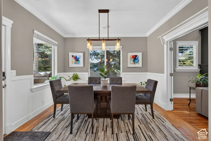 Wood-finish flooring, white wainscoting, crown molding, and a modern linear chandelier