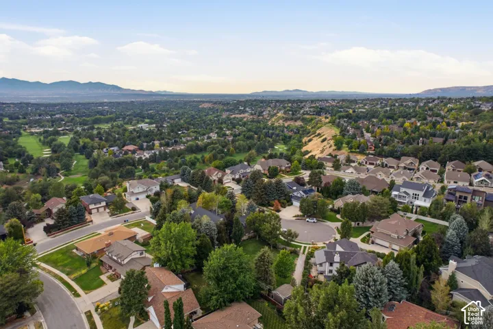 Aerial perspective showcasing a residential area with mature trees, established landscaping, and mountain backdrop