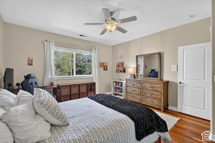 Wood-finish flooring, ceiling fan with integrated lighting, natural light window, neutral wall paint, and a two-panel interior door