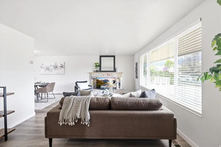Bright, open living space featuring a contemporary brown upholstered sofa with tapered legs, hardwood flooring throughout, and expansive windows with horizontal blinds flooding the room with southern exposure natural light