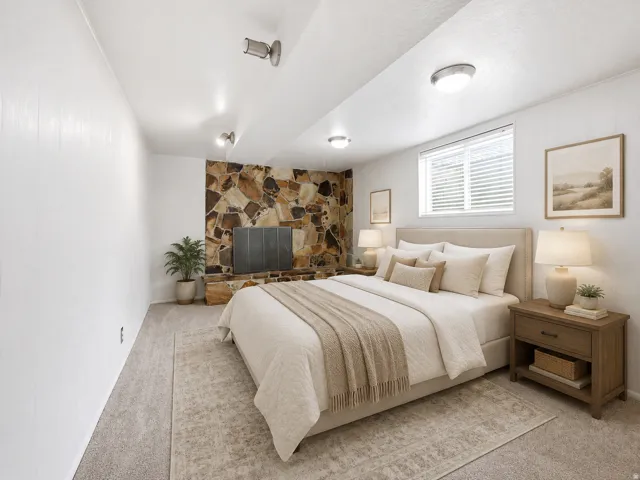 Large 5th basement bedroom, stone-clad fireplace with black metal screen, window with blinds, recessed lighting, ceiling-mounted track lighting, and carpeted flooring