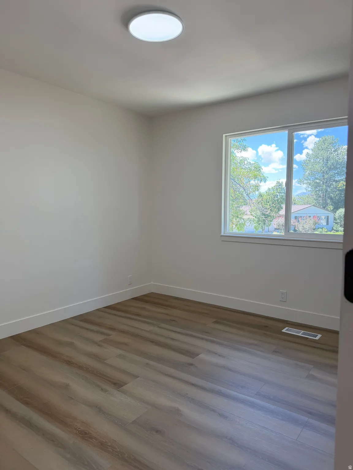 Wood-finish flooring with white baseboards, a bright window, and a flush-mount ceiling light fixture