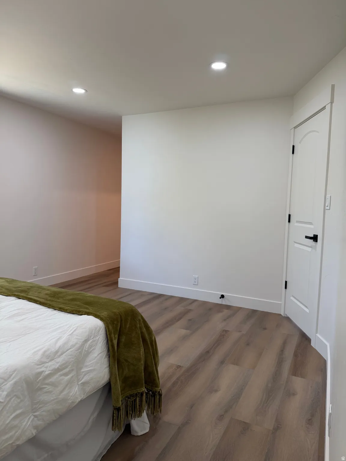 Recessed ceiling lighting, wood-finish flooring, white walls, white trim, and a white interior door with black hardware