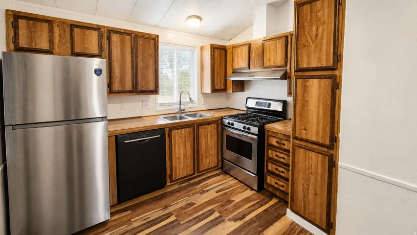 Kitchen featuring wood-finish cabinetry, stainless steel appliances, wood-finish countertops, and wood-finish flooring