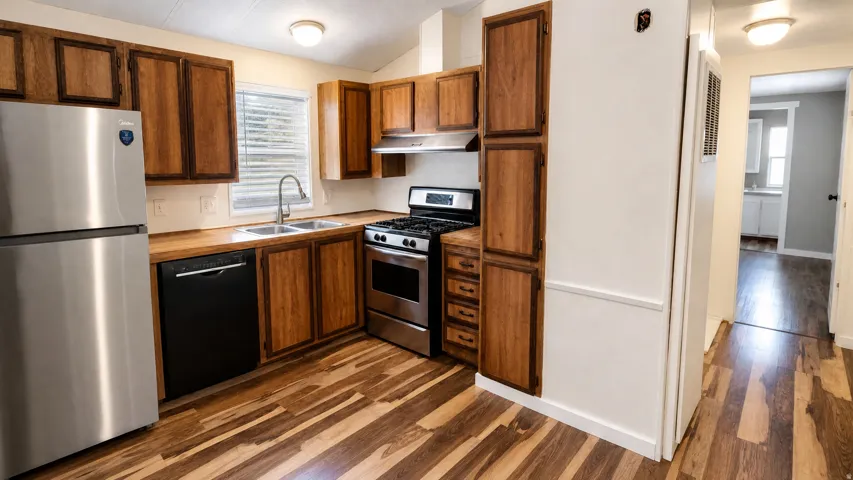 Kitchen featuring wood-finish flooring, stainless steel appliances, wood cabinetry, and a double basin sink