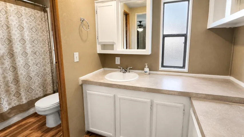 Primary Bathroom with a white vanity, integrated sink, and ample countertop space