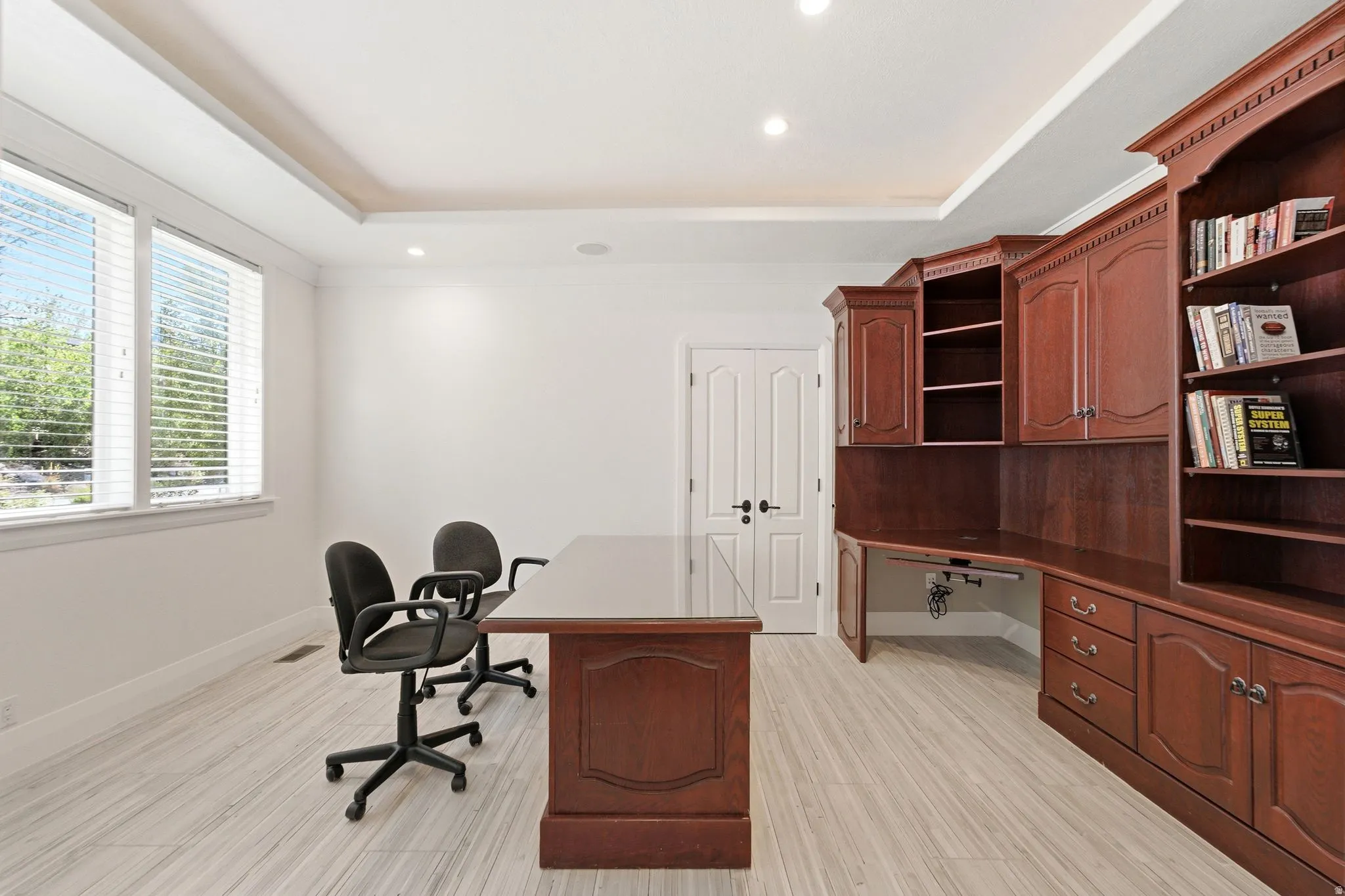 Built-in custom cabinetry with shelving, recessed lighting, double windows, tray ceiling, and wood-finish flooring