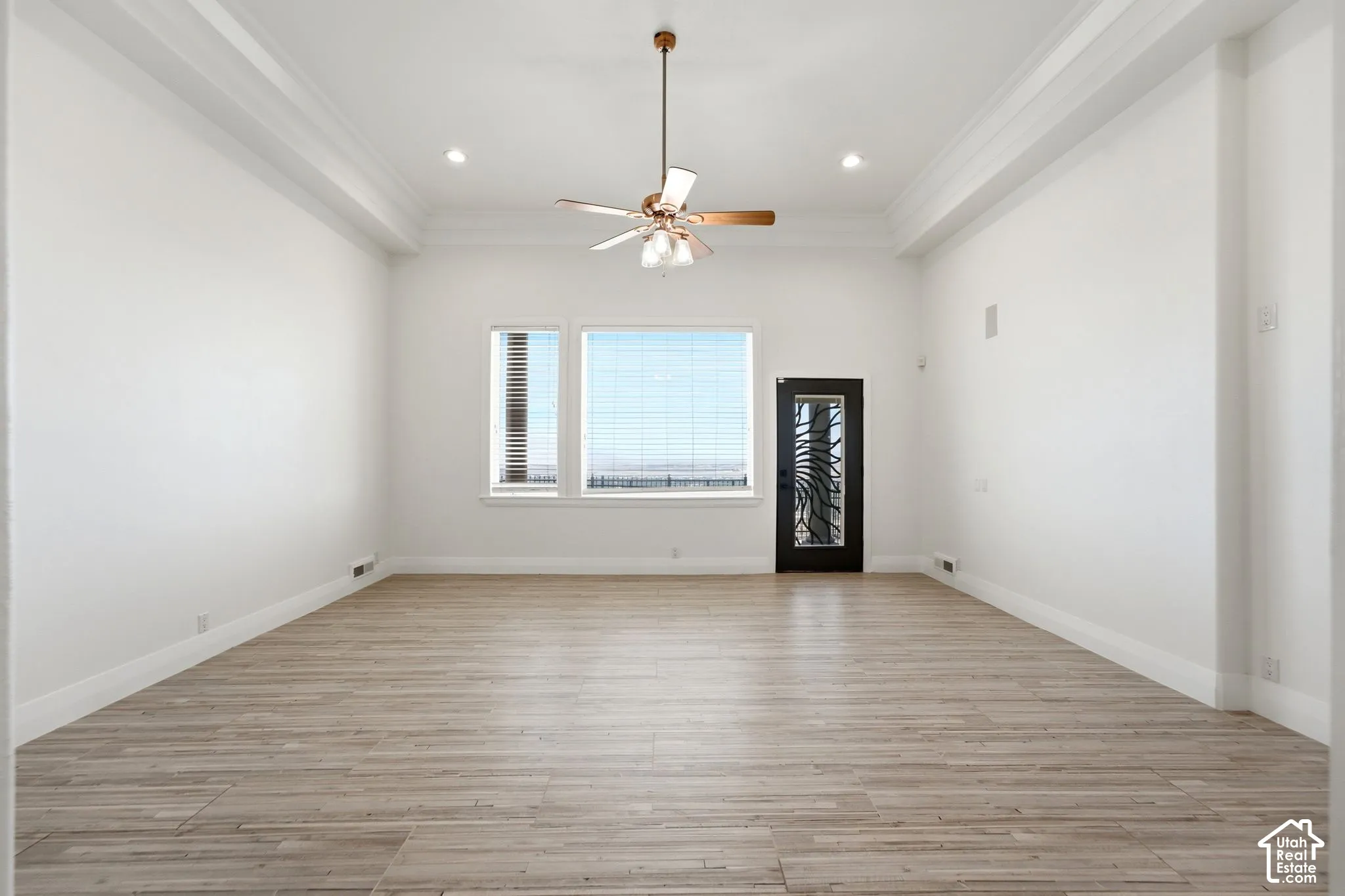 Wood-finish flooring with crisp white walls