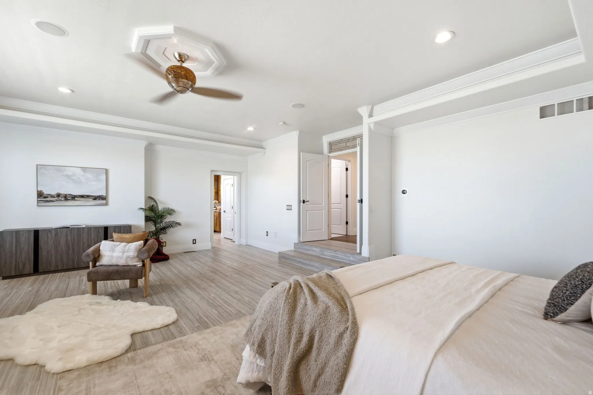 Recessed lighting, wood-finish flooring, ceiling fan with decorative medallion, white paneled doors, and a built-in credenza