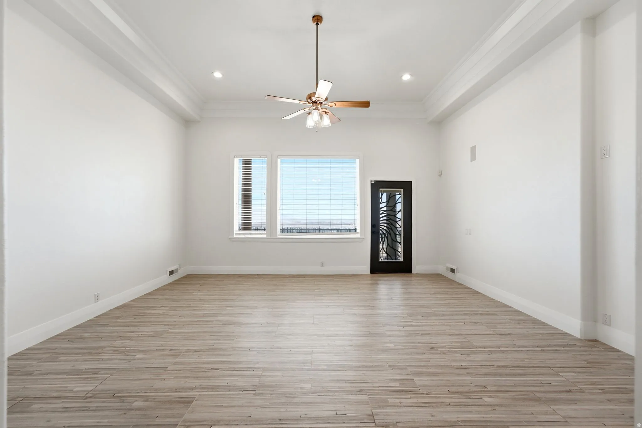 Wood-finish flooring with crisp white walls