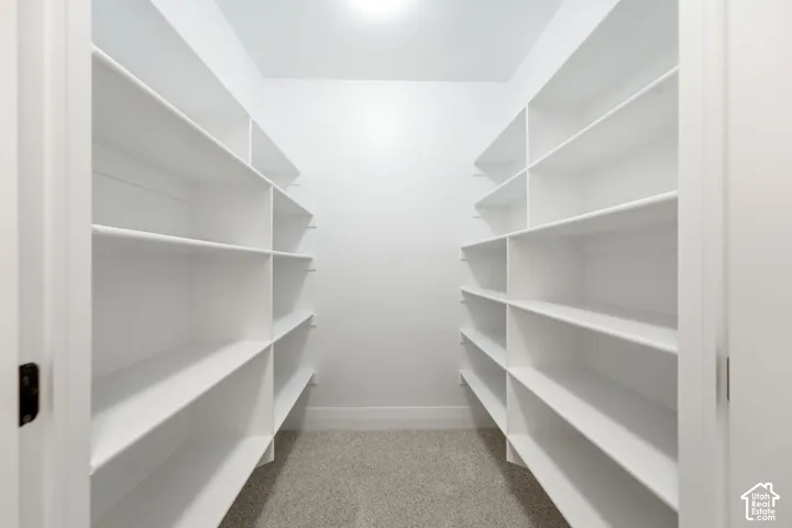 Walk-in pantry featuring extensive white shelving on two walls, light-colored carpeting, and recessed overhead lighting