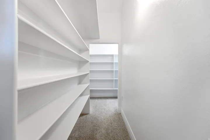 Walk-in pantry featuring extensive white shelving and carpet flooring