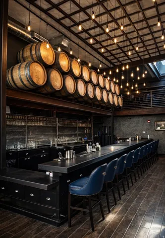 Industrial-style ceiling grid with exposed ductwork, suspended Edison bulb lighting, dark wood-finish flooring, and a stone-top bar