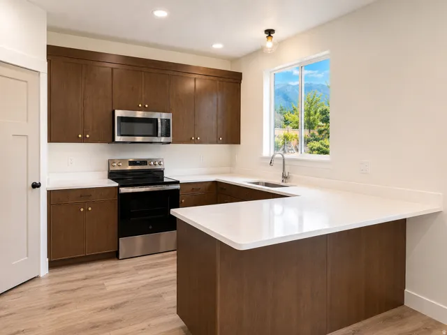 U-shaped kitchen featuring wood-finish cabinetry, light-toned countertops, stainless steel appliances, and wood-finish flooring