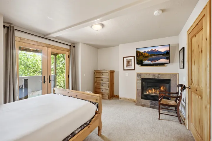 French doors opening to an outdoor area, stone-tiled fireplace, light-toned carpet, and a wooden interior door