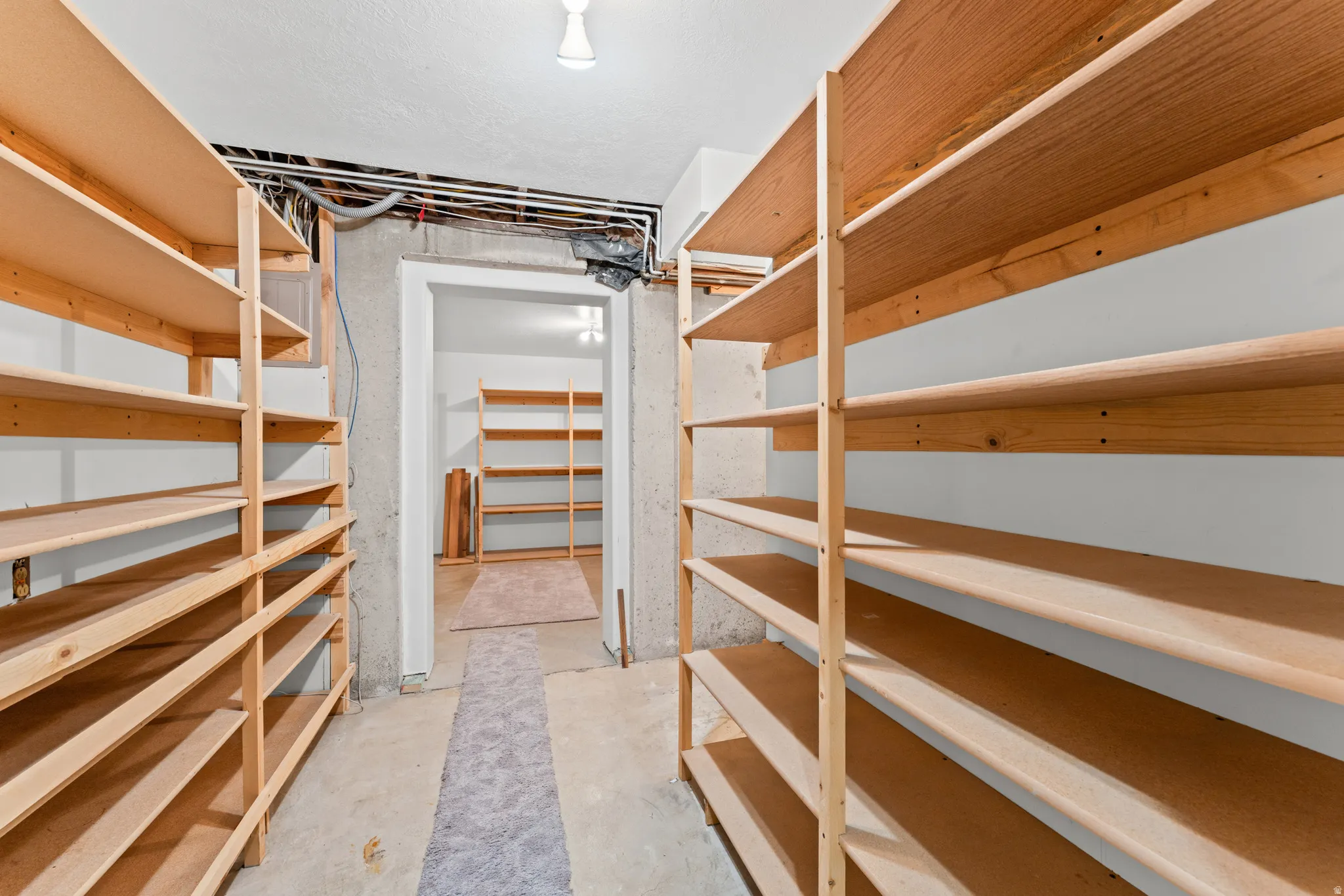 Extensive built-in shelving, concrete flooring, and ceiling-mounted lighting