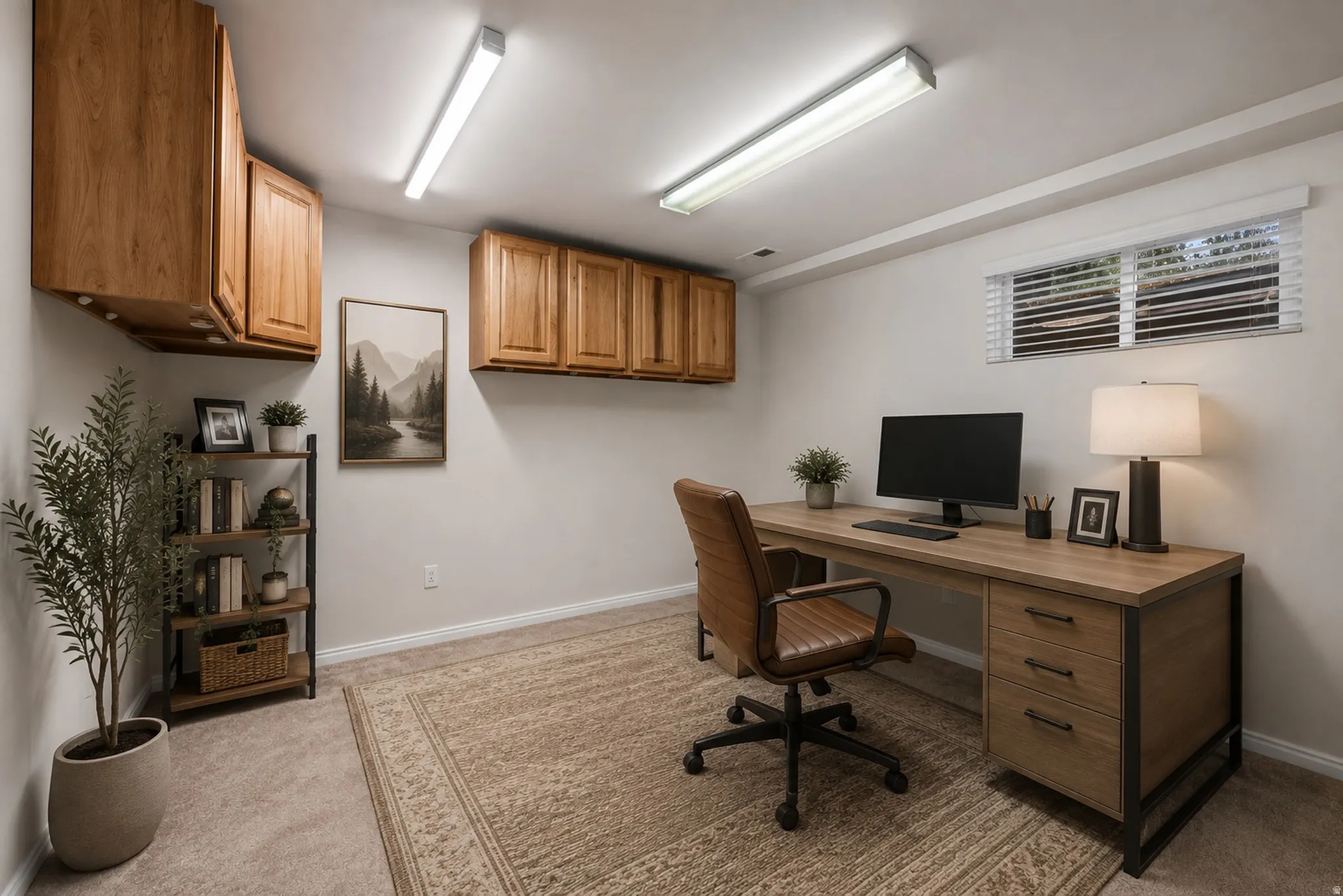 Recessed window with blinds, carpeted flooring, built-in upper cabinetry, and ceiling-mounted linear lighting