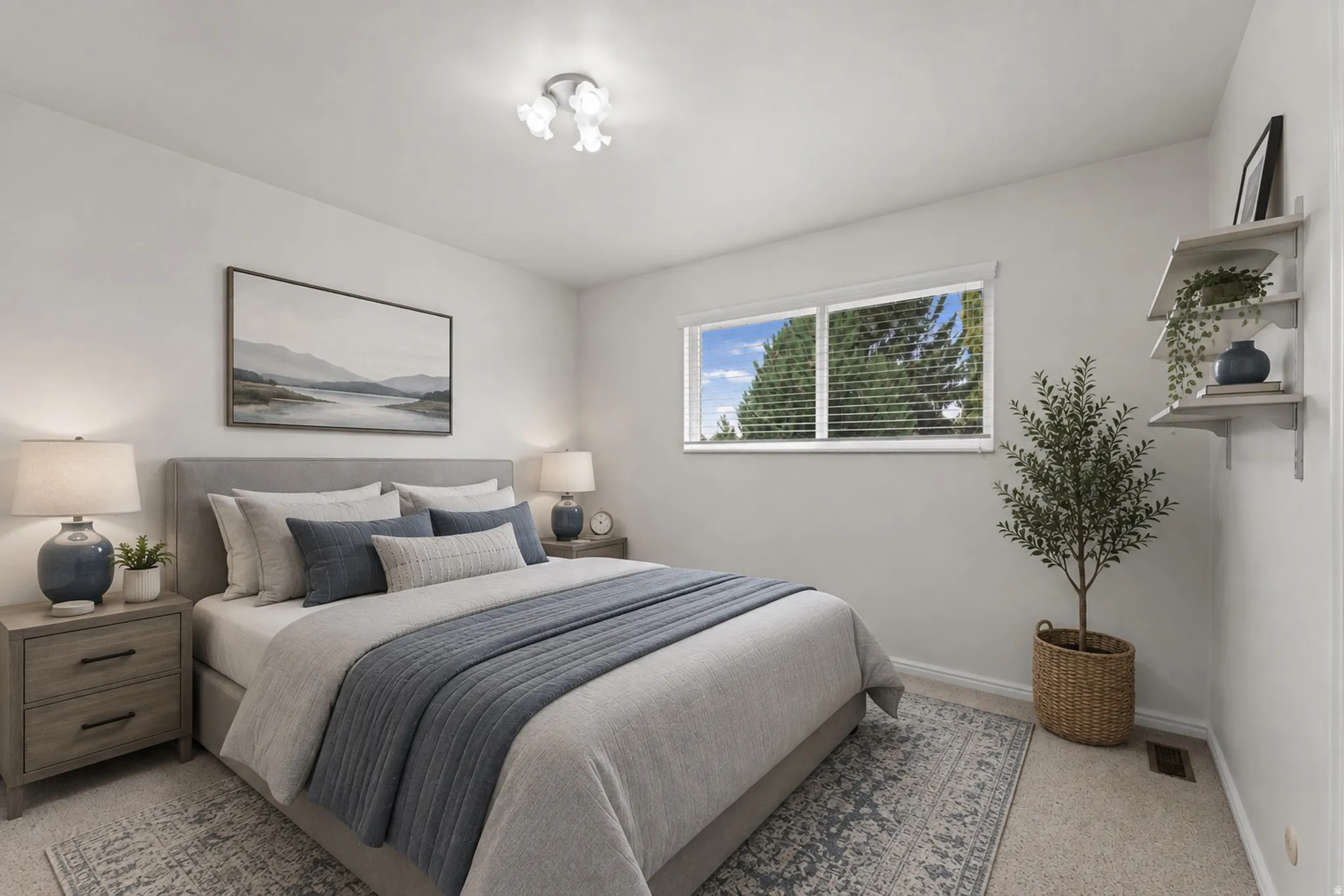 Window with blinds, wall-mounted shelving, overhead lighting fixture, and carpeted flooring