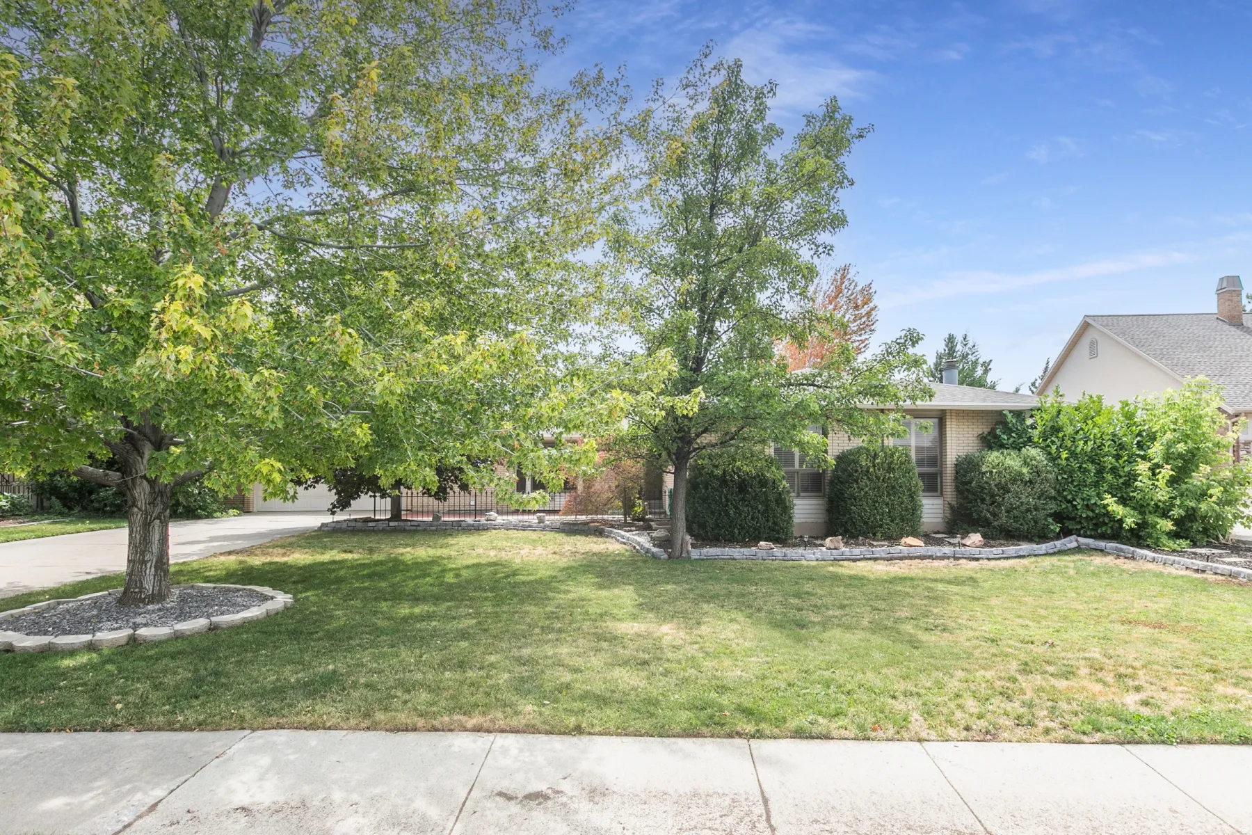Expansive front yard with mature trees, established landscaping, and a concrete driveway