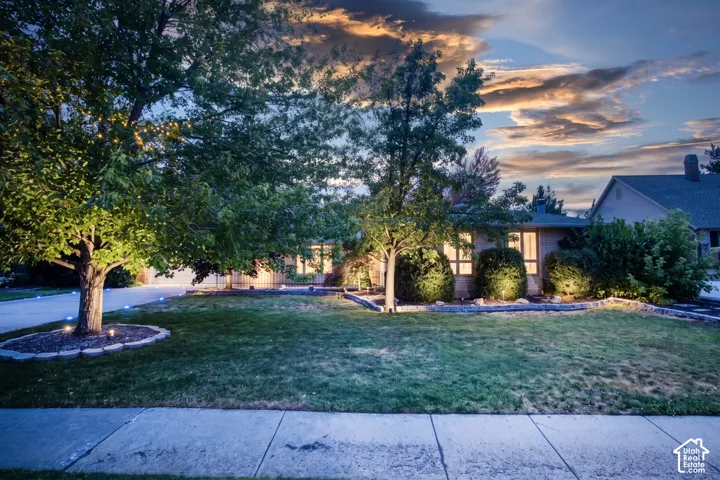 Manicured front lawn with mature trees, established landscaping, decorative lighting, and a concrete sidewalk