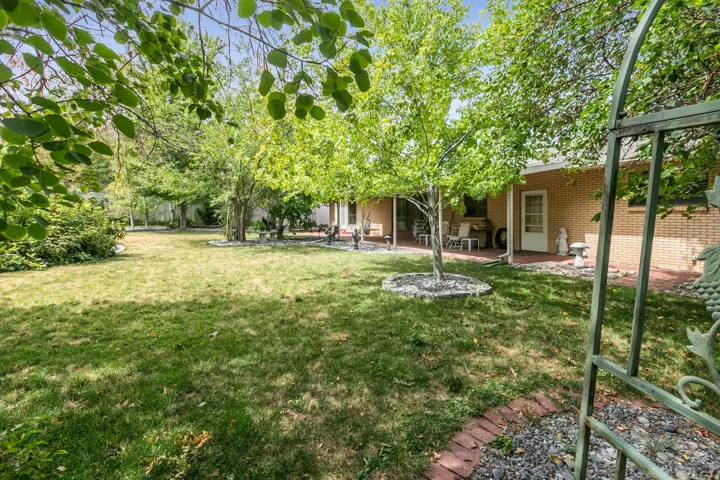 Expansive backyard featuring a manicured lawn, established trees, and a brick patio