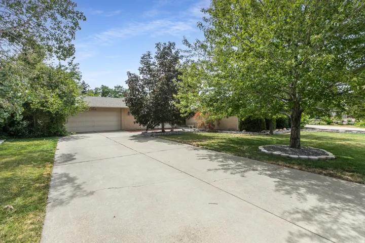 Concrete driveway with a two-car garage, mature trees, and a landscaped front yard