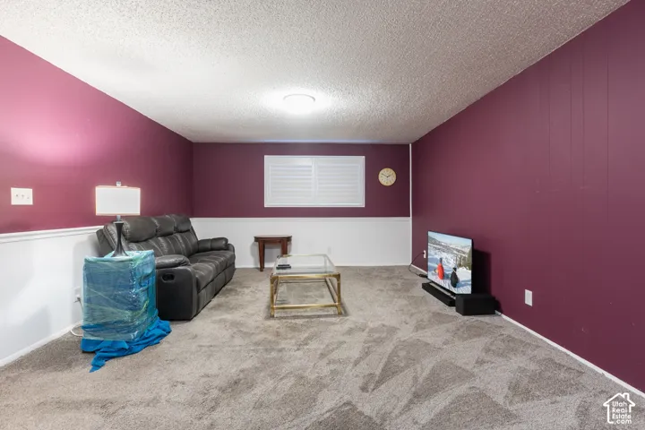 Recessed ceiling light, textured ceiling, window with white shutters, gray carpet flooring, and two-tone walls with wainscoting