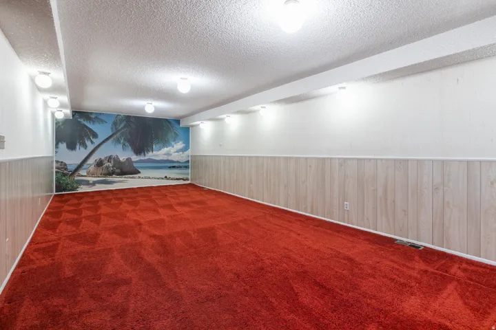 Spacious room featuring red patterned carpeting, light wood-finish wainscoting, and a full-wall mural