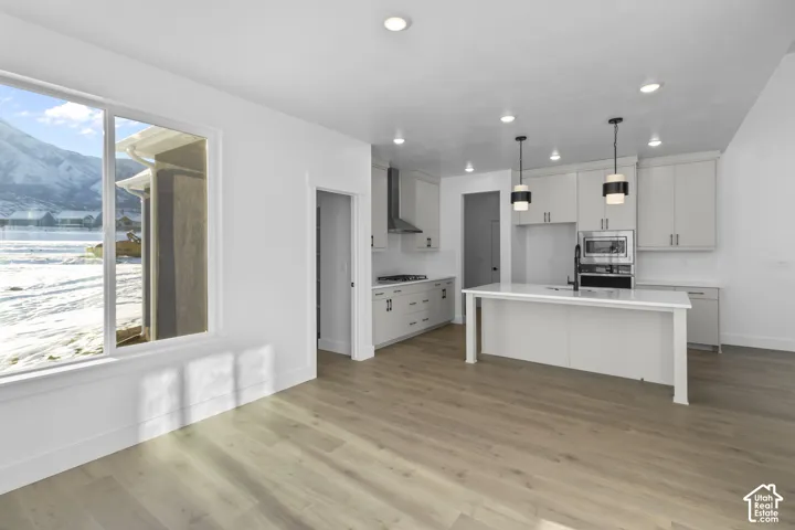 Open-concept living area featuring wood-finish flooring