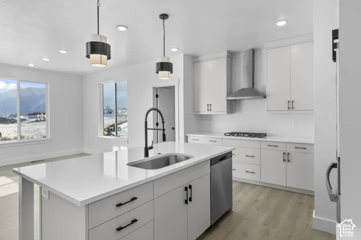 Spacious kitchen featuring an expansive island with an undermount sink and integrated dishwasher, light wood-finish flooring, white cabinetry, and stainless steel appliances