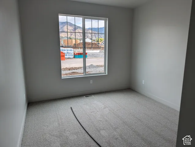 Neutral-toned interior space featuring wall-to-wall carpeting and a large grid-pattern window showcasing mountain scenery