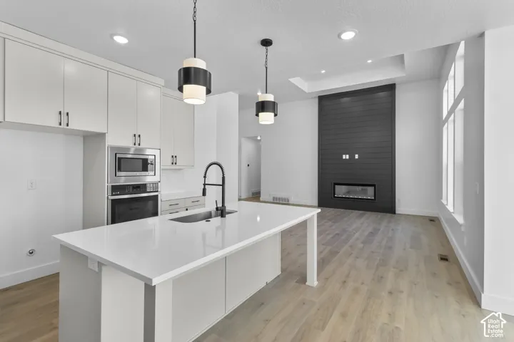 Open-concept living space featuring a kitchen island with sink, pendant lighting, stainless steel built-in appliances, and wood-finish flooring