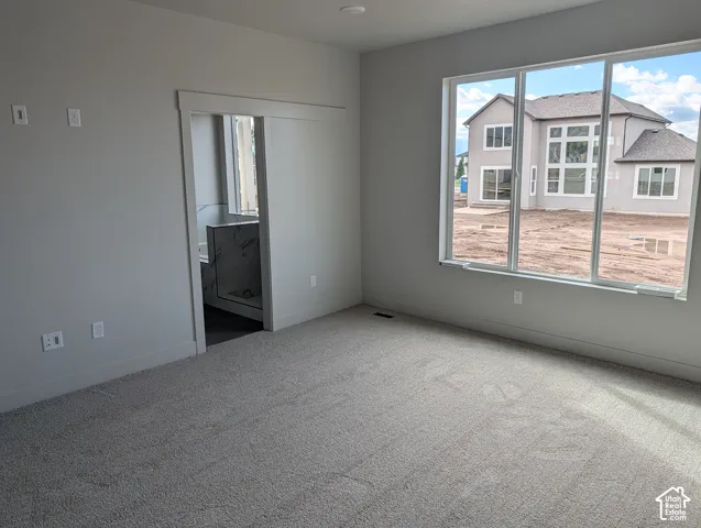 Neutral-toned room featuring expansive windows, wall-to-wall carpeting, and a sliding door entrance