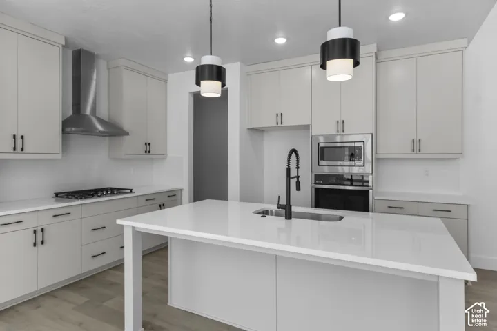 Kitchen featuring an island with an undermount sink, stainless steel appliances, a gas range with a range hood, and light-colored cabinetry