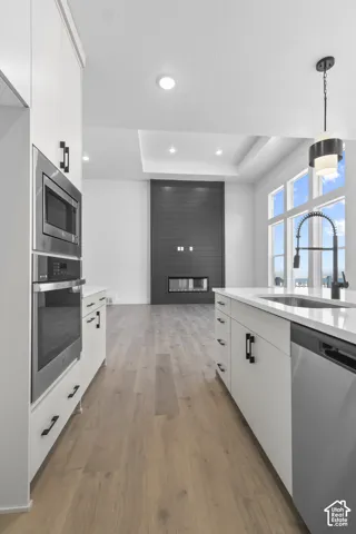 Integrated stainless steel appliances, white cabinetry with black hardware, wood-finish flooring, recessed lighting, and a modern fireplace feature wall