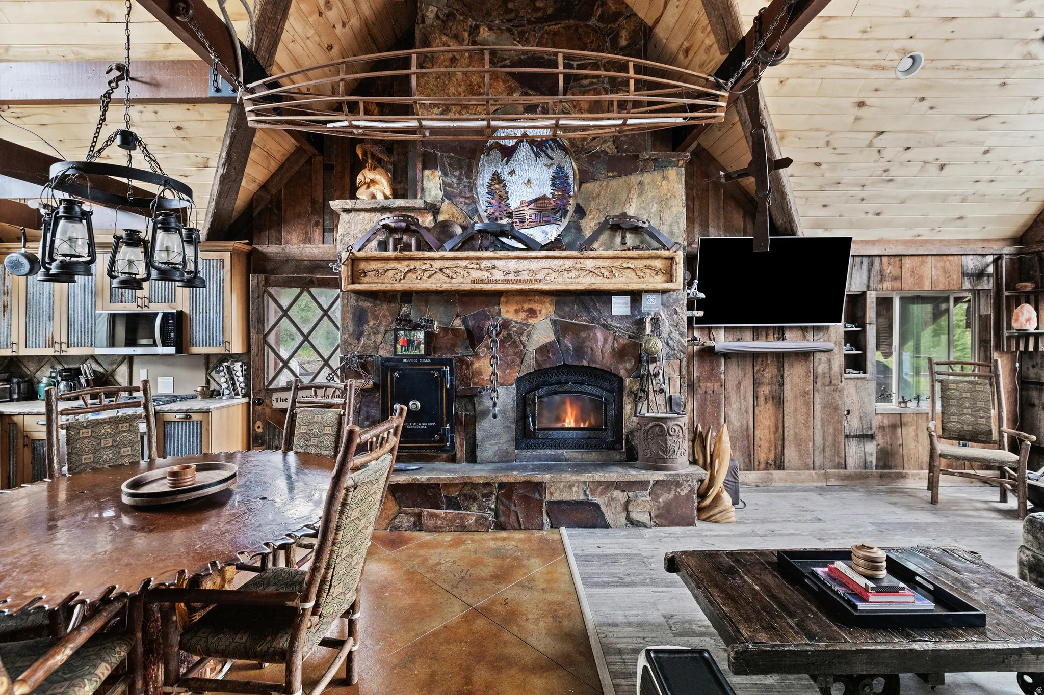Exposed timber beams and wood-paneled ceilings