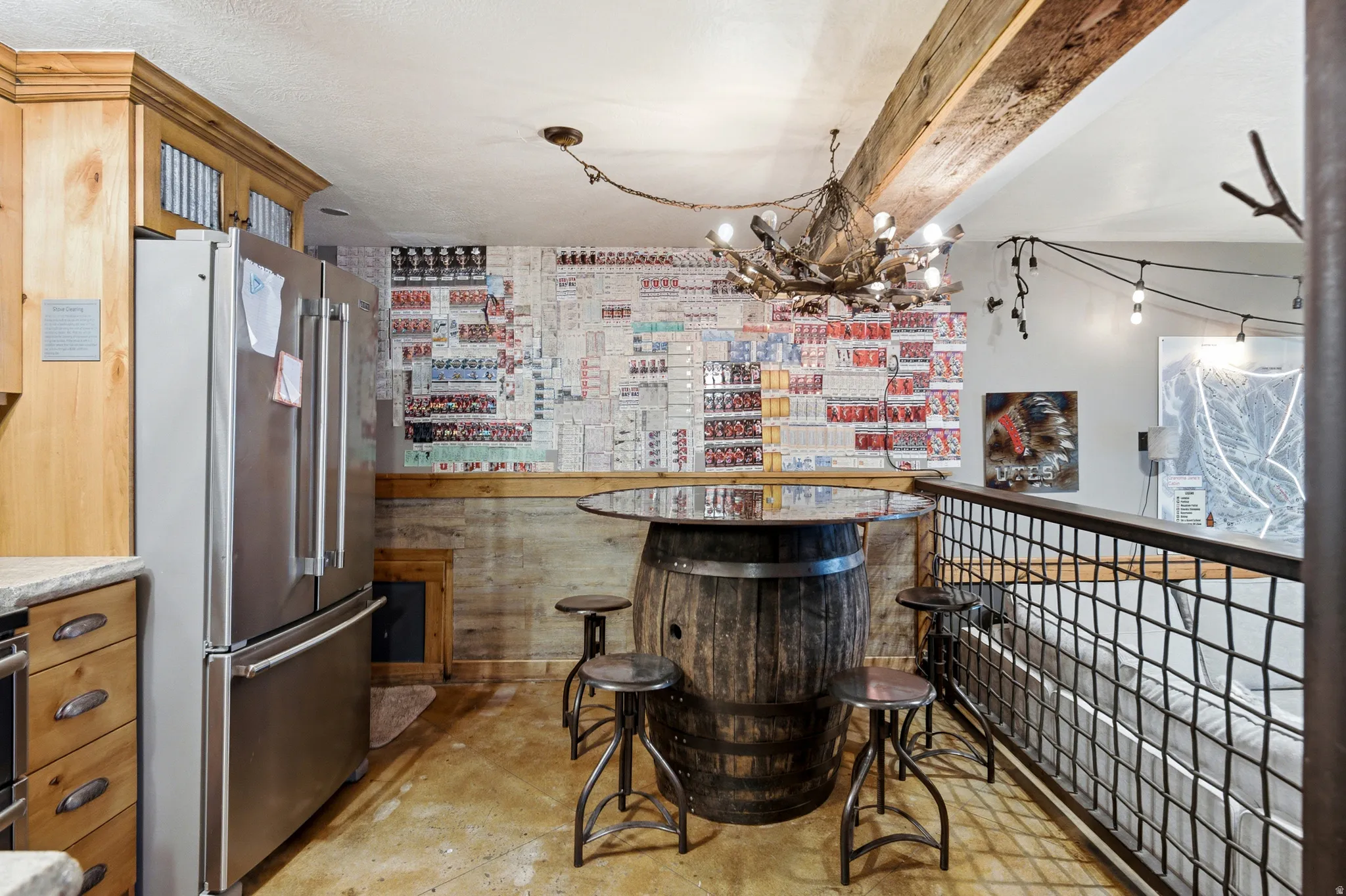 Wood-finish cabinetry with corrugated metal accents