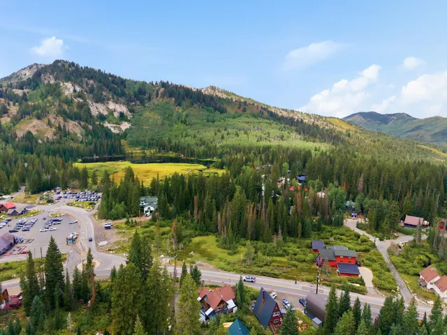 Mountainous terrain with extensive tree coverage, featuring a visible body of water, residential structures, and paved roadways