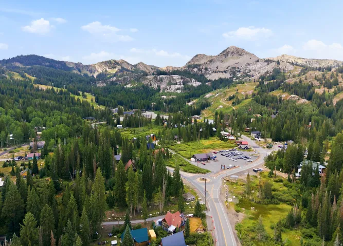 Mountainous terrain with extensive tree coverage and visible roadway infrastructure