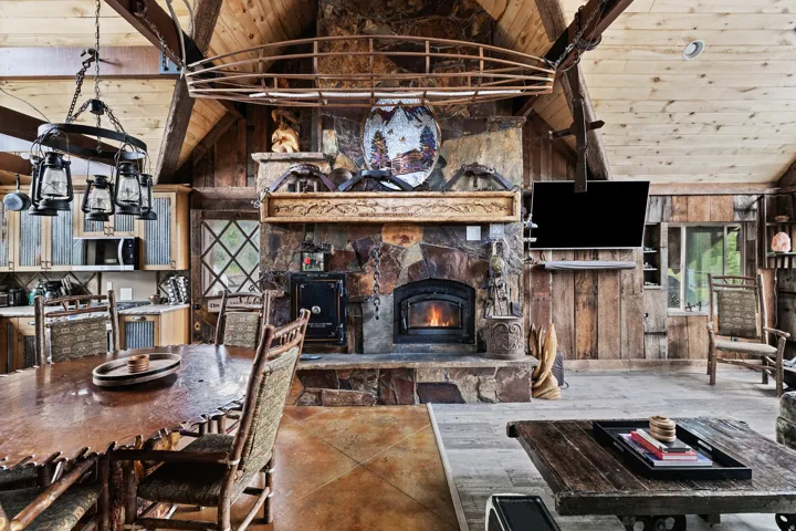 Exposed timber beams and wood-paneled ceilings