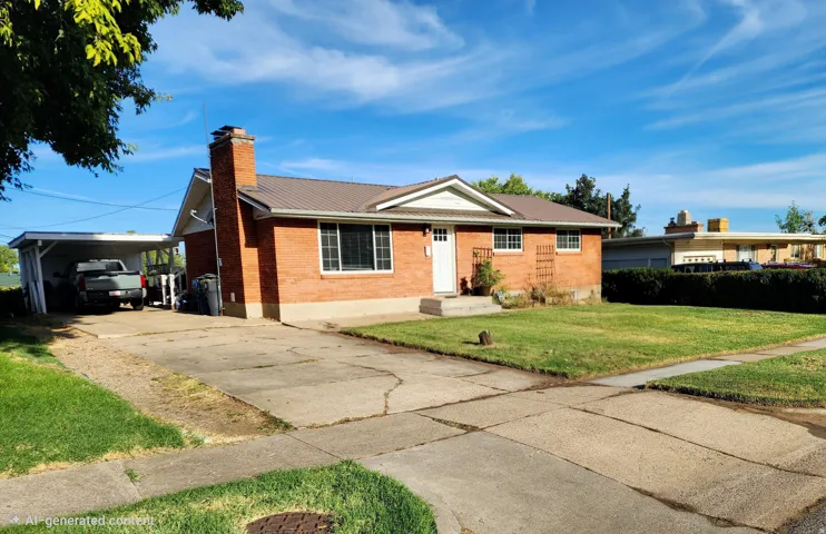 Brick exterior with a metal roof, an integrated carport, a brick chimney, and a front entry