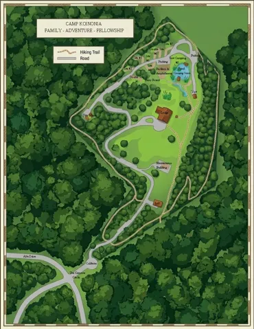 Site Map. Illustrating the layout of the property, including roads, trails, and various structures