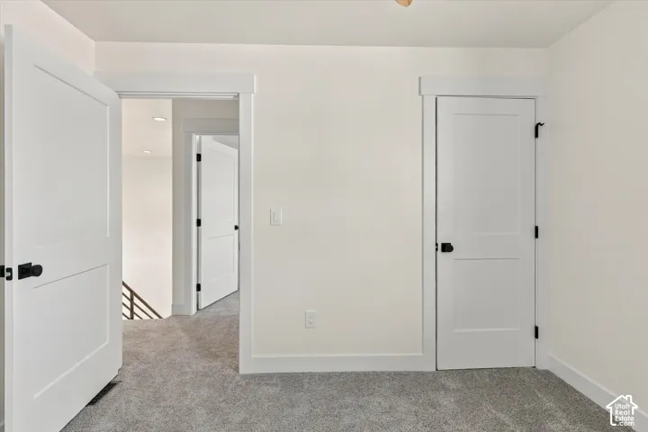 Light-toned carpeting, white walls, and modern two-panel doors with matte black hardware